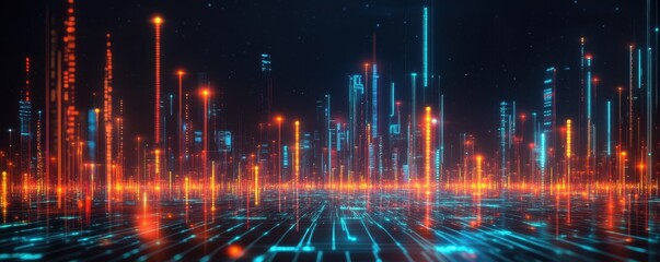 A vibrant, futuristic cityscape with glowing skyscrapers and a digital grid, showcasing a blend of technology and urban design.