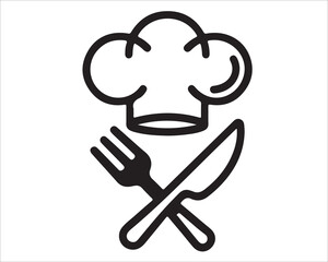 Chef hat with fork and knife silhouette vector illustration, cooking food symbol design in black and white, culinary icon for restaurant, kitchen, menu, dining, hospitality, gourmet, and gastronomy co