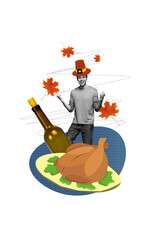 Vertical photo collage of happy man wear hat roasted turkey maple leaves wine bottle thanksgiving day dinner isolated on painted background