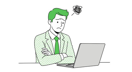 Concept of a frustrated and stressed young man in a business suit struggling with a problem on his laptop, depicting work-related anxiety
