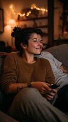 Fototapeta premium Cozy evening at home, a young woman enjoys her time on the couch while watching TV, surrounded by warm lights, creating a relaxed and intimate atmosphere for unforgettable moments.