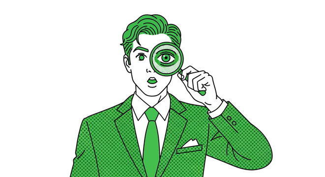 Conceptual illustration of a business professional with a magnifying glass, symbolizing detailed analysis, strategic investigation, keen observation, insightful discovery