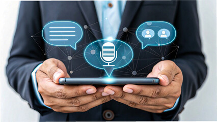 Businessman holding tablet with virtual voice assistant and digital communication icons