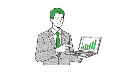 Businessman points to a laptop displaying an upward-trending bar graph, symbolizing financial growth, successful strategies, and positive business development