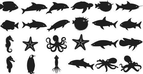 Naklejka premium Sea animals silhouette vector illustration set with fish, shark, dolphin, squid, octopus, seahorse, starfish, penguin, marine wildlife icons for ocean design