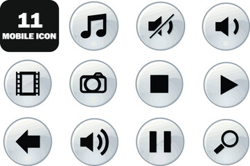 Set of 11 mobile icons with play, pause, stop, sound, mute, camera, film, search, and navigation symbols. Clean circular button style perfect for apps and media design. Modern vector collection for UI