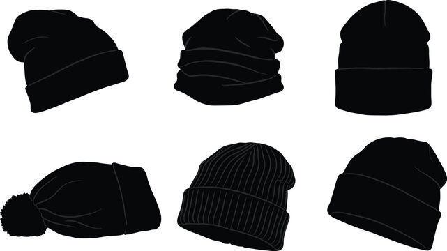 Black beanie silhouette vector set, winter fashion headwear icons, pom-pom, ribbed, slouchy knit cap design for stock use