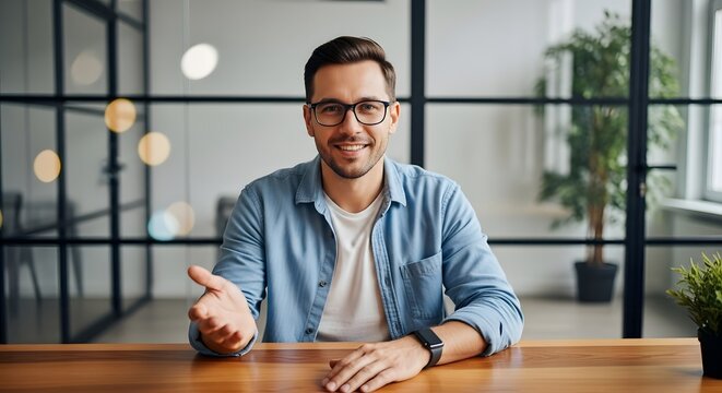 Man in Light Blue Shirt Working on Laptop in Modern Office with Plants