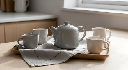 Fototapeta premium Minimalist Teapot Set And Mugs On A Wooden Tray In A Modern Kitchen Setting