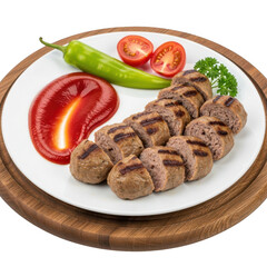 Delicious grilled meatballs served with fresh tomatoes chili pepper and ketchup on a wooden board