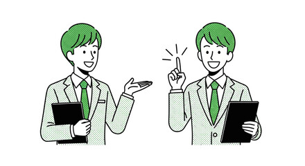 Dynamic illustration of business professionals collaborating, one explaining concepts and the other developing a brilliant new idea, symbolizing effective communication and strategic problem-solving 