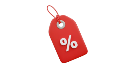 Red discount tag with percentage sign isolated on transparent background, a symbol of savings and promotions for shoppers and businesses alike