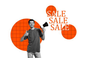 Sketch image composite artwork collage of sale black friday banner buy brand shopper offer young man thumb up gesture loudspeaker proclaim