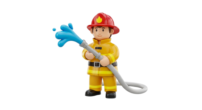 3d rendering of a firefighter character holding a hose and spraying water isolated on transparent background for safety and emergency response