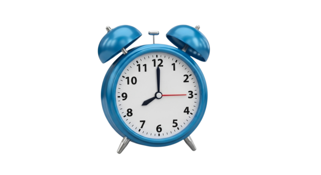A classic blue alarm clock, isolated on transparent background, showing eight oclock, symbolizing punctuality, time management, and the urgency of deadlines