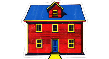 Illustration of a stylized illustration of a red house with a blue roof and yellow windows, isolated on transparent background
