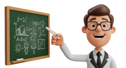 Cartoon teacher with blackboard isolated on transparent background conceptual image of education, learning, teaching, school, and knowledge