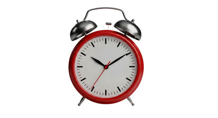Red alarm clock isolated on transparent background showing ten minutes to ten, a classic timepiece for time management and punctuality concept