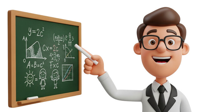 Cartoon teacher with blackboard isolated on transparent background conceptual image of education, learning, teaching, school, and knowledge