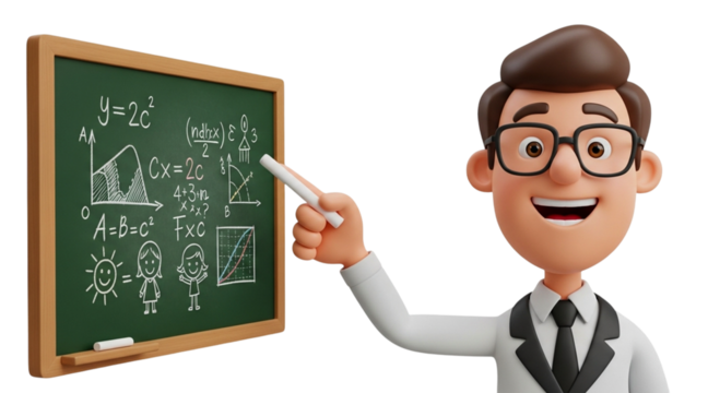 Cartoon teacher with blackboard isolated on transparent background conceptual image of education, learning, teaching, school, and knowledge