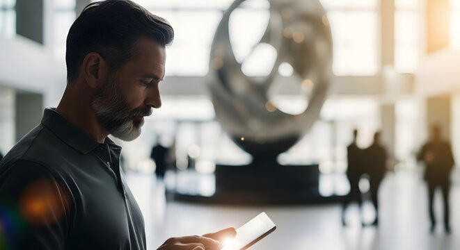 Mature Man Using Smartphone in Modern Office, Business Professional Working Remotely