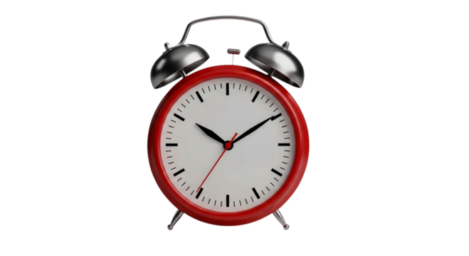 Red alarm clock isolated on transparent background showing ten minutes to ten, a classic timepiece for time management and punctuality concept