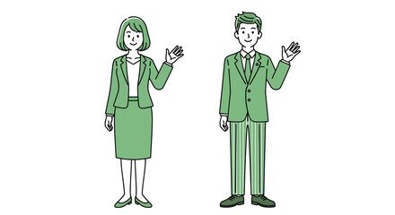 Vibrant illustration of professional business man and woman in green suits, cheerfully waving to symbolize welcoming corporate environment and effective communication concepts for team engagement