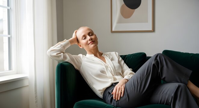 Serene Bald Woman Meditating Outdoors with Eyes Closed