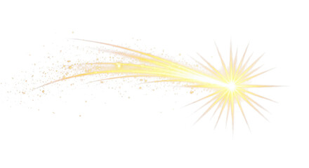 Obraz premium Bright yellow starburst or comet trail with sparkling light effects on a white background
