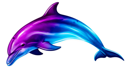 Illustration of a vibrant, colorful dolphin with purple and blue gradients, isolated on a transparent background