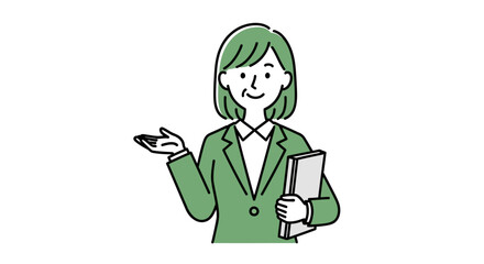 An illustrative concept depicting a confident and mature professional woman in a business suit, gesturing clearly while holding a folder, offering expert guidance or welcoming a productive discussion