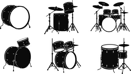 Black drum kit silhouette vector set, percussion instrument icons, music equipment illustration, bass drum and cymbal design for stock