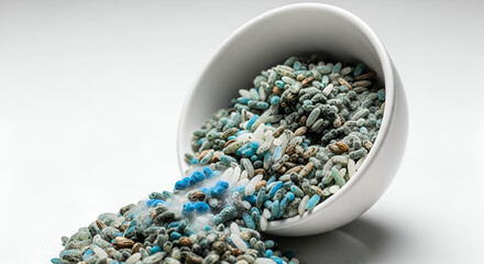 Organic Colored Fertilizer Falling From Ceramic Bowl on White Background
