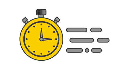 Modern flat design illustration of a yellow stopwatch with motion lines, symbolizing speed, efficiency, time management, and urgent deadlines