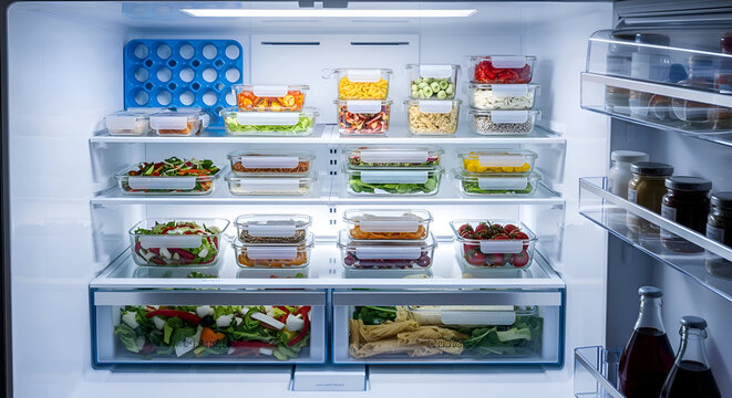 Organized Fridge Filled With Prepared Meals Suggests Prioritized Well-Being And Healthy Lifestyle - Powered by Adobe