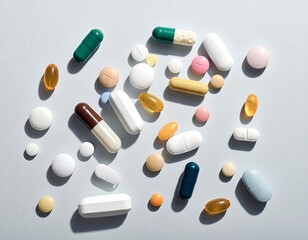 A Collection of Pills and Capsules Scattered on a White Background
