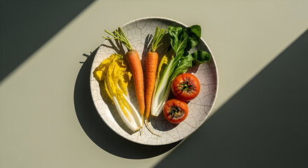 Overhead shot of a plate with fresh vegetables, carrots, tomatoes and light