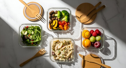 Overhead view of several containers with prepared healthy food and wooden utensils