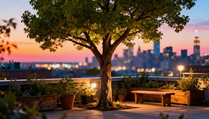 Obraz premium Rooftop Garden Tree at Dusk, City Skyline Bokeh and Warm Lights