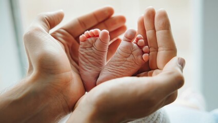 Parent's caring hands gently cupping innocent newborn baby feet, symbolizing love, protection, family bonding, and new life development, fostering hope and future