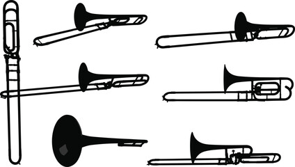 Black trombone silhouette vector set, brass musical instrument icons, wind instrument illustration, artistic layout design for stock use