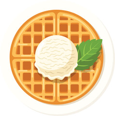Top-down view of a waffle topped with a scoop of ice cream and garnished with a fresh green mint leaf.