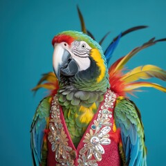 Obraz premium Surrealism anthropomorphic colorful macaw parrot in costume portrait pet bird animal bright feathers avian art
