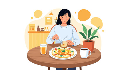 Illustration of a Woman Enjoying a Nutritious Breakfast at a Round Wooden Table