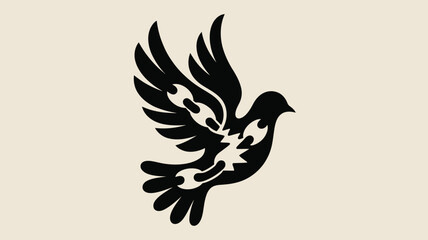 Fototapeta premium Elegant black dove silhouette design with intricate wing details flying freely for posters, web design, and symbolic artwork expressing peace, hope, and freedom