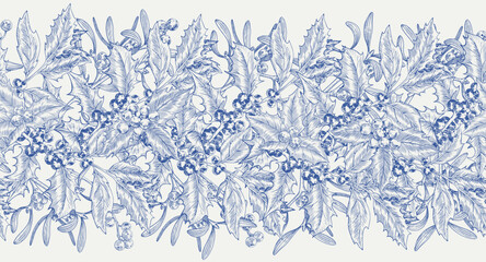 Toile art Christmas Vintage seamless pattern botanical border with holly barries and branches. Blue beige Hand drawn engraved vector background for design package, holiday, paper, decor new year