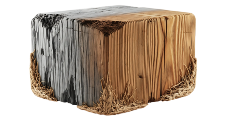Illustration of cube made of wood and metal with dirt texture isolated on transparent background