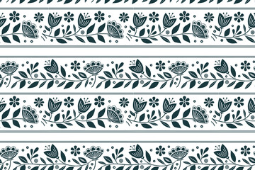 Elegant seamless floral pattern with decorative leaves and blooming tulips in monochrome style. Classic botanical ornament perfect for fabric, wallpaper, and wrapping. Stylish vector background for mo