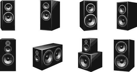 Fototapeta premium Realistic black speaker vector set, audio equipment icons, sound system illustration, music device collection, stereo design for stock