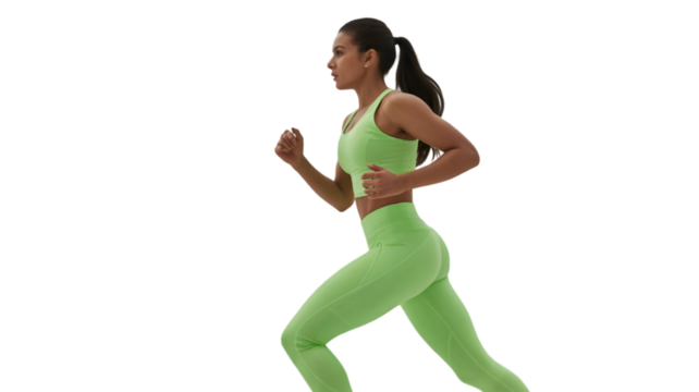 Fit woman running in green sportswear, isolated on transparent background